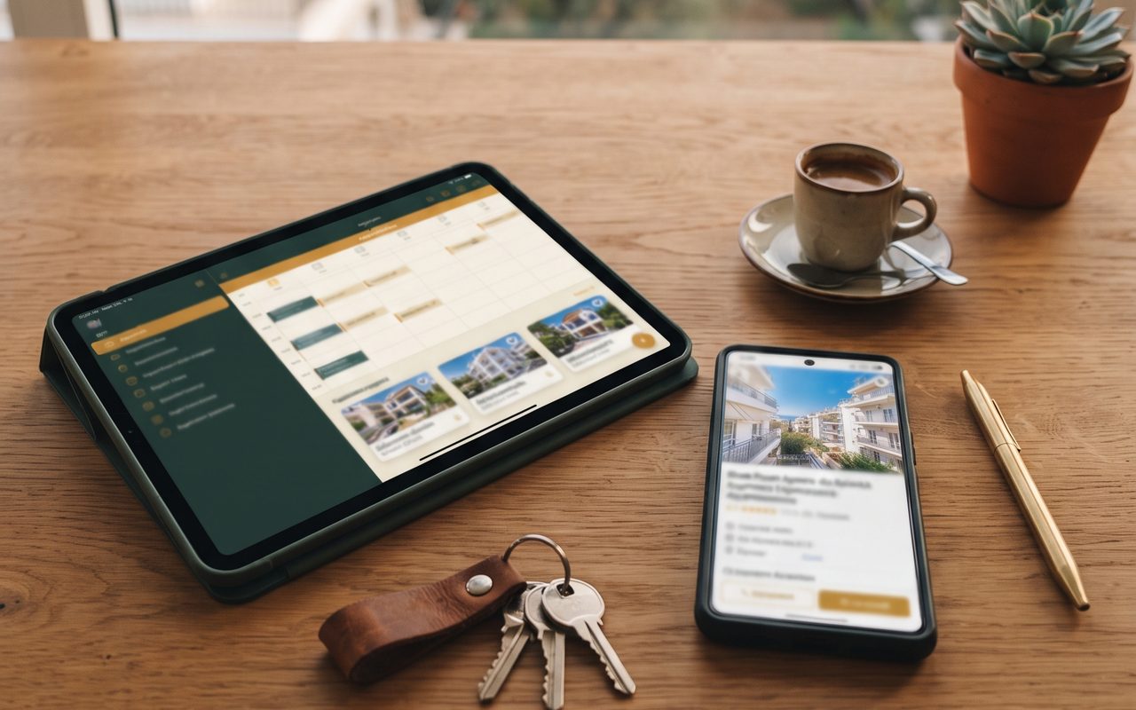 Το Γραφείο μεσίτη σε tablet και κινητό, πάνω σε γραφείο με κλειδιά σπιτιού